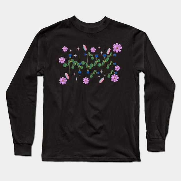 Hoe blue roses on stems with gems and purple flowers black bg Long Sleeve T-Shirt by VantaTheArtist